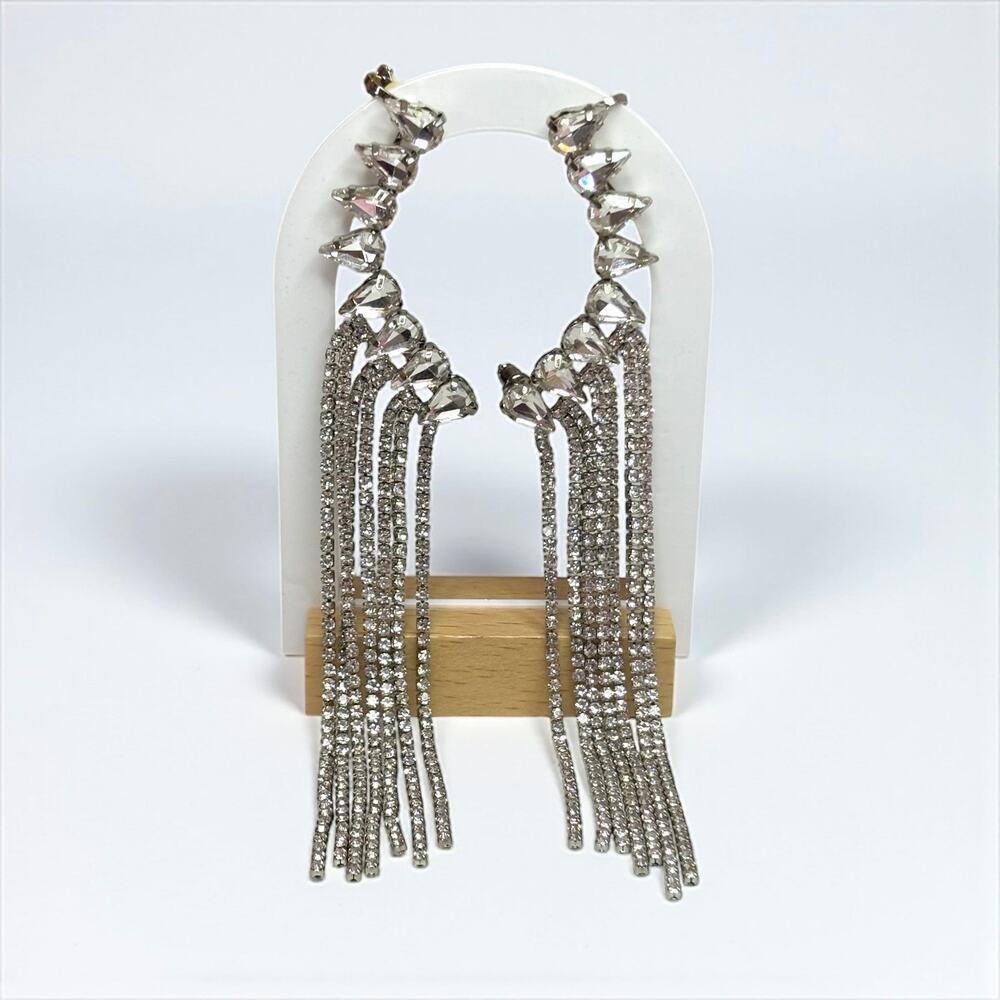 Silver Rhinestone Tassel Dangle Earrings